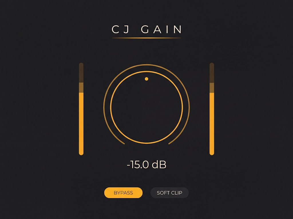 CJ Gain dark minimal VST3 plugin UI — amber rotary knob, -15dB readout, bypass and soft clip buttons, amber level meters