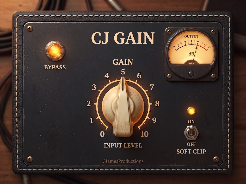 CJ Gain vintage amp-style VST3 plugin UI — analog VU meter, chicken-head knob, amber bypass lamp, soft clip toggle