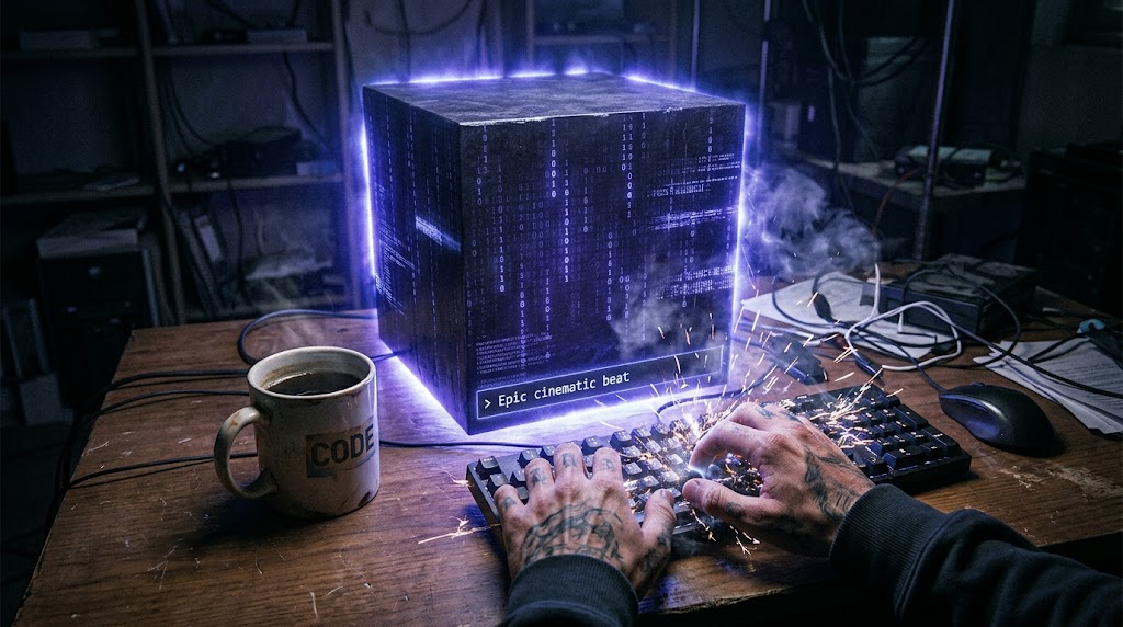 Producer typing an AI music prompt with sparks flying from the keyboard